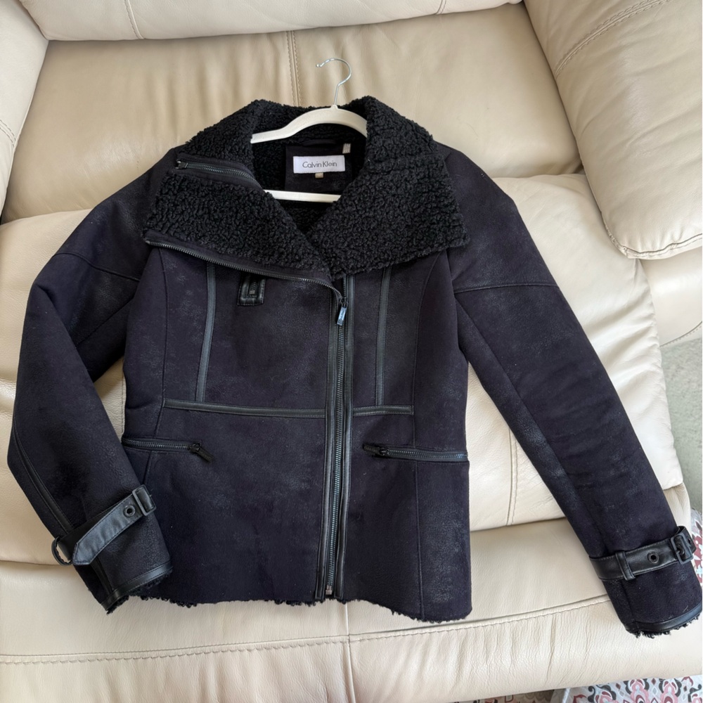Calvin Klein Black Shearling-Suede Moto Jacket - XS